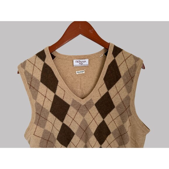 F.R. Tripler & Co. 100% Cashmere Argyle Sweater Vest Made In Italy Medium Beige/ - Picture 2 of 8